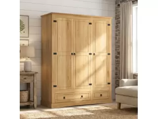 Especificaciones: Estructura: Madera maciza de Pino Elliotis Acabado: Barnizado Herrajes: Metálicos Medidas Ropero Alto 186 cm Largo 146 cm Prof. 55 cm Especificaciones: Estructura: Madera maciza de Pino Elliotis Acabado: Barnizado Herrajes: Metálicos Medidas Ropero Alto 186 cm Largo 146 cm Prof. 55 cm