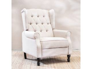 Poltrona recliner berger con detalles en tachuelas color beige . Tapizadas en lino Respaldo con botones.