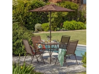 Juego de jardin Mesa vidrio metal   4 sillas respaldo alto plegables   sombrilla 2.70 mts. con roldana. color chocolate.