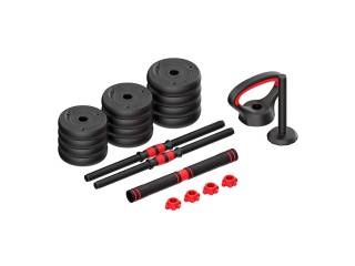 Descripción: Juego de peso de 20 kg Incluye: barra con mancuernas (51,5 cm) x2 / Conector con mancuernas x 1 / Tuerca de Tornillo x 4 / Soporte para pesas rusas x 1 / Mango de pesas rusas x 1 / Placa de peso 1.25kg x 4 %u2013 1.5kg x 4 %u2013 2 kg x 4