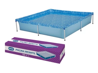 Descripcion: Medidas;  Altura:42 cm Ancho: 1,89 m Largo: 1,89 m Capacidad máxima de personas: 5. Materiales .armazón:Acero, Plástico. Forma: Cuadrada Materiales de la pileta: PVC