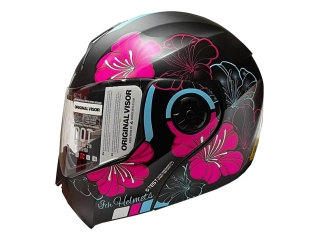 Descripcion: Casco ICH rebatible con gráficos fucsia y celeste.