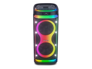 Descripcion: Es manos libres. Apto para uso en exteriores. Con conectividad bluetooth. Tiene luces led. Función de karaoke incorporada. Batería recargable y cargador incluido. Respuesta mínima de frecuencia de 90Hz y máxima de 20kHz. Potencia de 100W. Vie