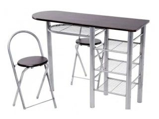 Descripcion: Juegos de desayunador Dimensiones de las sillas 78 x 37 x 35 cm Dimensiones de la mesa 77 x 120 x 40 cm Material Caño y madera Color Chocolate Características Mesa con 3 estantes (35 x 31 cm) Requiere armado Sin información Incluye 1 mesa y 2