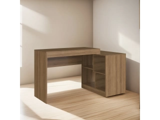 Descripcion: Escritorio super versátil. que transforma y se adapta a tus espacios. Recto y esquinero con biblioteca 4 nichos. COLOR: Miel .  Profundidad: 68 cm Altura: 75 cm Ancho: 137 cm