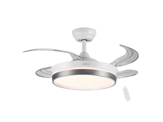 3 tipos de luz led: fría / neutro / cálida Regulación de brillo 6 velocidades Motor ac - silencioso y duradero 4 aspas retractiles. Aspas de acrílico transparente Función reversible del viento Timer de 1, 3 y 6hrs Luz led: 24w 1 año de garantía Control re