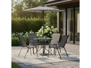 Descripcion: Cantidad de sillas: 4 Color de la estructura: Gris Compuesto por 6 piezas. Producto fabricado en acero/ pvc/ plástico/ poliéster. Mesa tipo redonda. Tipos de asientos incluidos: apilables. Dimensiones de la mesa: 70cm x 80cm x . Dimensiones d