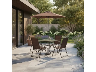 Descripcion: Color de la estructura: Marrón Cantidad de sillas: 4 Compuesto por 6 piezas. Producto fabricado en metal. Mesa tipo cuadrada. Tipos de asientos incluidos: plegables. Dimensiones de la mesa: 70cm x 85cm x 85cm. Dimensiones de las sillas: 92cm 