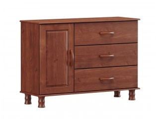 2 COLORES DISPONIBLES. Cómoda con 3 cajones y 1 puerta, laterales y puertas en madera maciza de pino de Brasil lustrado color imbuía, patas y tiradores reforzados con guías metálicas.  Alto: 89 CM Profundidad: 40 CM Ancho: 117 CM