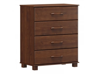 Cómoda 4 cajones color café, en madera maciza. Base, patas y asas de madera. Tiradores de cajones reforzados. Corredera telescópicas y bisagras con freno. Código 2240W Alto: 100 CM Profundidad: 43 CM Ancho: 84 CM