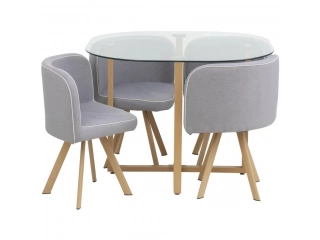 Dimensiones  Dimensiones de la mesa 75 x 90 x 90 cm Especificaciones  Color de la silla Gris Tipo de mesa Comedor Material de la estructura de la silla Metal Material de la estructura Metal Material de la cubierta mueble Vidrio Forma de la mesa Rectangula