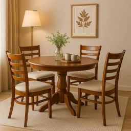 Juego de Comedor ROBLE Mesa Redonda + 4 sillas tapiz. MADERA De luxe