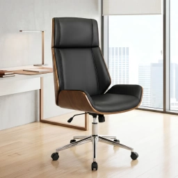 Silla giratoria oficina CUERO Respaldo madera Crema o Negro