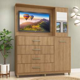 Cmoda con espejo 4 cajones 1 puerta y Panel tv - Miel 
