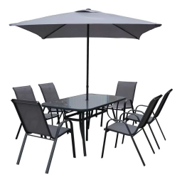 Juego jardin Mesa 1.40 cm metal +sillas textilina apil. sombrilla 2.30m