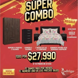 COMBO DORMITORIO 2PL Sommier + Ropero + Comoda + Respaldo + Mesas luz + 2 lamparas DE REGALO Acolchado + 2 Almohadas + S