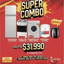 COMBO ELECTRODOMESTICOS Refrigerador + Lavarropas + Cocina gas + Termotanque 30 l DE REGALO FREIDORA 45 L