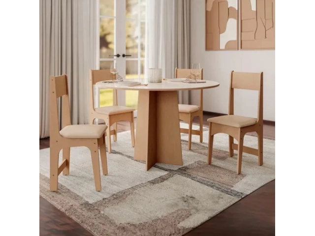 Largo m&iacute;nimo de la mesa: 90 cm Dise&ntilde;o de la tela de las sillas: Liso Forma de la mesa: redondo. Materiales de la mesa: mdf. Materiales de las sillas: mdf. Dimensiones de las sillas: 90.5cm x 40cm x 40cm.