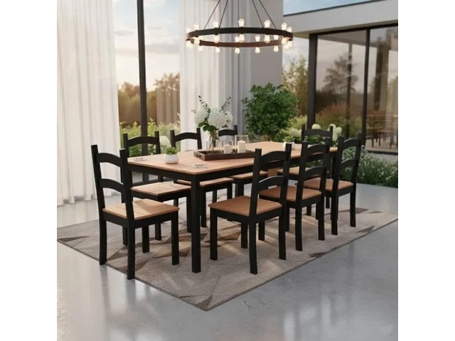 Conjunto de mesa de comedor con 8 sillas. Haciendo hincapi&eacute; en la belleza natural de la madera, este juego de comedor est&aacute; fabricado 100% en madera maciza reforestada. Combina belleza, practicidad y durabilidad. Muy c&oacute;modo y vers&aacute;til tanto para espacios c