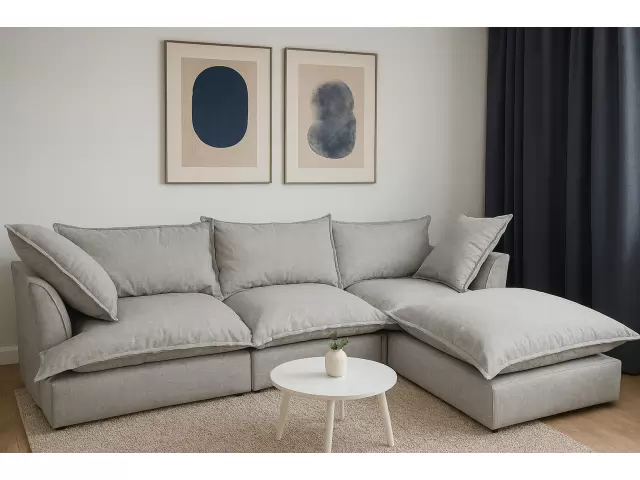 Juego living 4 lugares con isla 2.70 x 80 cm. ISLA 90 X 90 CM COLOR GRIS. Tela LINO Repelente al agua. Estructura reforzada EUCALIPTO.