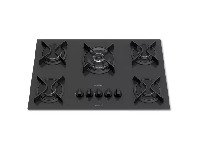 PK-950 AG Anafe empotrable A gas Descripción: Mesada de vidrio templado 5 Hornallas a gas (1 Triple Llama) Panel de mandos frontal Parrillas de hierro fundido Encendido automático Dimensión (Fr. x Prof.) 735x460 mm Encastre (Fr. x Prof.) 615x460 mm GARA