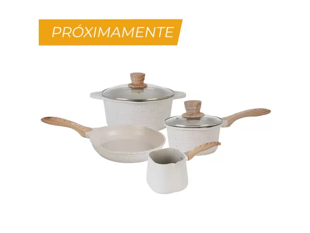 YA DISPONIBLE. Aluminio Fundido por el Método DIE CASTING Interior Antiadherente Mineral PFLUON Espesor 3,5mm / 1,8mm (Hervidor) Doble Pico Vertedor Tapas de Vidrio Templado con Orificio para Salida de Vapor Mangos, Pomelas y Asas de Silicona Soft Touch I