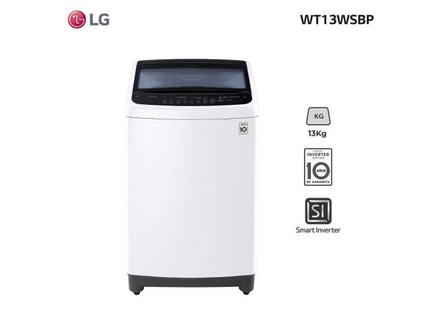 Modelo WT13WSBP Motor Smart Inverter (10 años de garantia) Capacidad 13 kg Tecnologia Turbo Drum Smart Diagnosis Filtro de pelusas inteligente Opcion de lavado diferido Panel Digital 8 programas Medidas Al x An x Prof: 96x59x60.6 cm