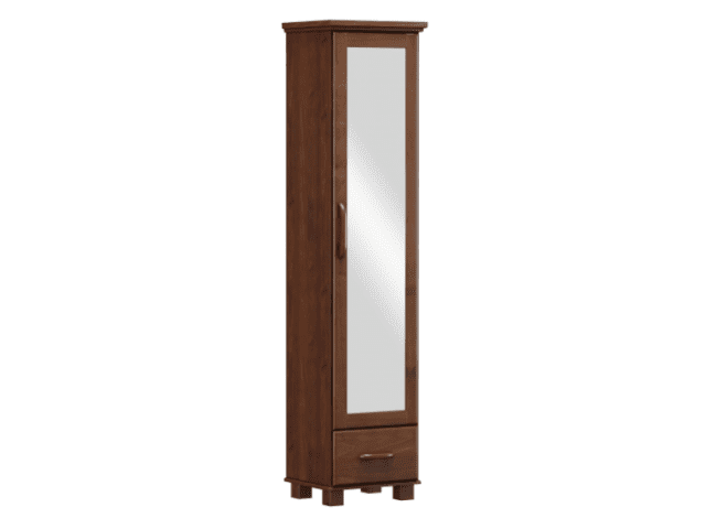 Zapatera Oro Café, en madera maciza de pino lustrado color imbuía, puerta con espejo central, cajon con guias telescopicas, tiradores y patas ewn madera maciza. MEDIDAS. Alto:1.94 CM Profundidad: 0.46CM Ancho: 0.39 CM