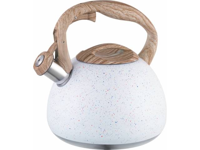 Descripcion: PAVA DE ACERO INOX. EXTERIOR BLANCO MARMOLADO 3.0L MODELO «PADOVA» CAPACIDAD 3.0 LITROS SILBATO EN ACERO SS ASA DE SILICONA, TOQUE GOMOSO DISEÑO MADERA. INTERIOR PULIDO ARENA.