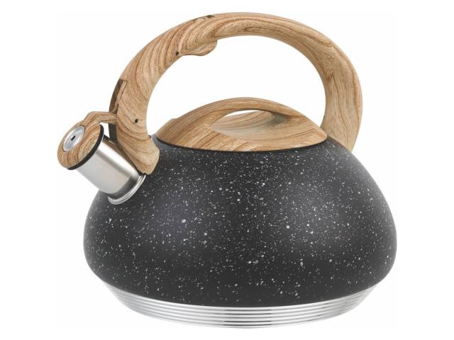 Descripcion: ACERO INOXIDABLE 0.6 MM EN COLOR NEGRO MARMOLADO CAPACIDAD 3.0 LITROS SILBATO EN ACERO SS ASA DE SILICONA, DISEÑO MADERA INTERIOR PULIDO ARENA. BASE ESCALONADA DE 7 PASOS.
