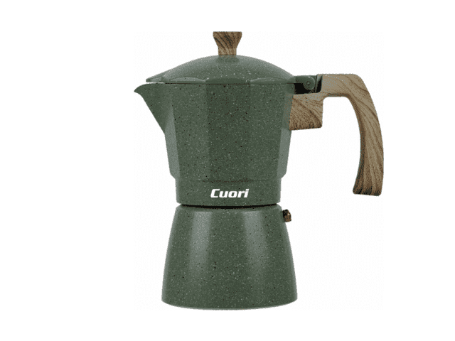 Descripcion: CAFETERA TIPO ITALIANA ALUMINIO CON EXTERIOR ACABADO EN GRANITO ASA Y POMO DE SILICONA SUAVE AL TACTO VÁLVULA DE SEGURIDAD CAPACIDAD 6 TAZAS.
