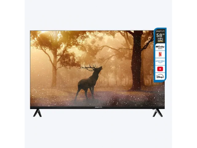 Descripción: Smart TV SMARTLIFE SL-TV58SMT24T UHD 4K 58" - Control remoto con botones de acceso rápido a Netflix, Youtube, etc. - Resolucion 3840 x 2160 - Dolby Atmos - Diseño Frameless - Wi-Fi integrado - HDMI x 3 - USB x 2 - Medidas C/pie: Ancho 128.8 x