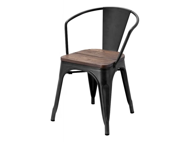 Descripcion: Color del asiento: Marrón oscuro. Color de la estructura de la silla: Negro. Estructura de metal y patas de madera. Con tapizado de madera. Peso máximo soportado: 160kg. Medidas: 73cm de alto x 45cm de ancho x 45cm de profundidad.