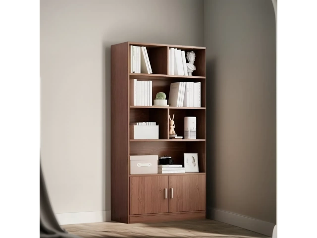 Descripción Estructura fuerte y estable 5 Niveles con Estantes Nivel Inferior con 2 puertas Materiales: MDP Color: Castaño Dimensiones: 80 x 23 x 178 cm (ancho x profundidad x altura) 