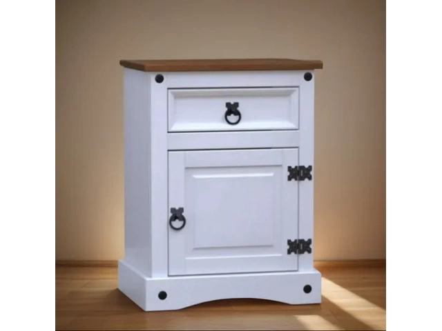 Descripcion: Mesa de Luz Mel/Blanco - 1P/1C Línea Mexicana  Mesa de Luz 1 cajón 1 puerta cajones de calidad premium estilo mexicano. Material: madera de pino Medidas: Alto 60cm x Profudidad 35cm x Largo 48cm