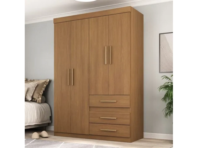 Descripcion: 4 puertas. 3 cajones con rieles metalicos. Medidas: Ancho: 121 cm Altura: 182 cm Profundidad: 48 cm. COLOR CASTAÑO OSCURO.