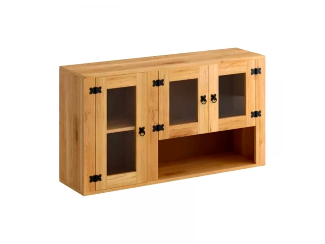 Línea: Mexicana %u2022Material: Madera maciza de pino %u2022Colores disponibles: Blanco y natural %u2022Dimensiones: %u2022Altura: 62 cm %u2022Ancho: 120 cm %u2022Profundidad: 30 cm %u2022Puertas: 3 con detalles en vidrio %u2022Uso: Cocina