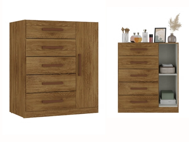 Material MDP  COLOR CASTAÑO 5 CAJONES  1 PUERTA MEDIDAS: ALTURA 0.91 CM ANCHO 0.69 CM PROF. 0.39 CM