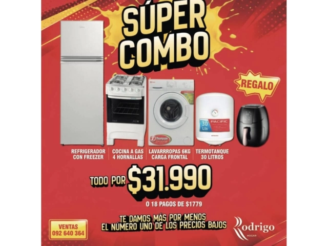 COMBO ELECTRODOMESTICOS Refrigerador MIDEA 220 LTS   Cocina a gas 4 hornallas   Lavarropas thompson 6 kg  Carga frontal  Termotanque 30 lts ACERO DE REFAGLO FREIDORA  4 .5 LTS SIN ACEITE.