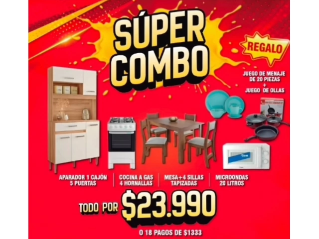 COMBO COMEDOR  Juego de comedor mesa   4 sillas   Aparador 5 puertas 1 cajon   Cocina agas 4 hornallas   Microondas 20 lts manual DE REGALO JUEGO DE MENAJE 24 PIEZAS   JUEGO DE OLLAS.